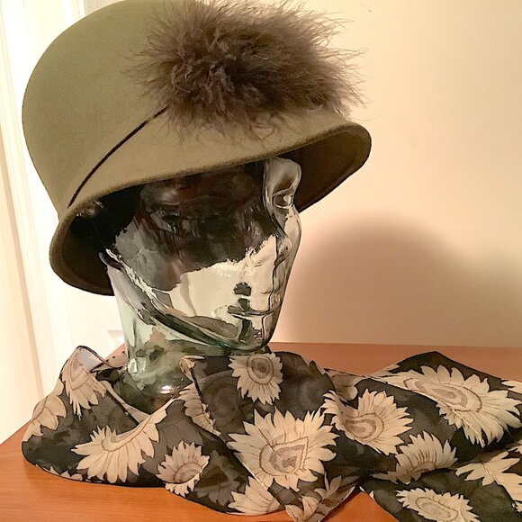 Set: Olive Green wool hat & silk scarf, multi-colored rectangle floral pattern main image 7